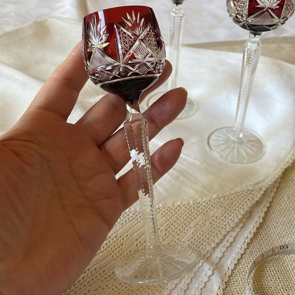 Vintage mid century set of 3 cut crystal ruby red to clear cordials footed - Picture 5 of 9